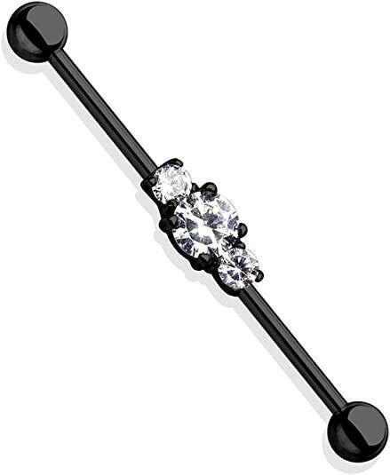 Surgical Steel Three Clear CZs Ion Plated Industrial Barbell Industrial Barbell Impulse Piercings Black