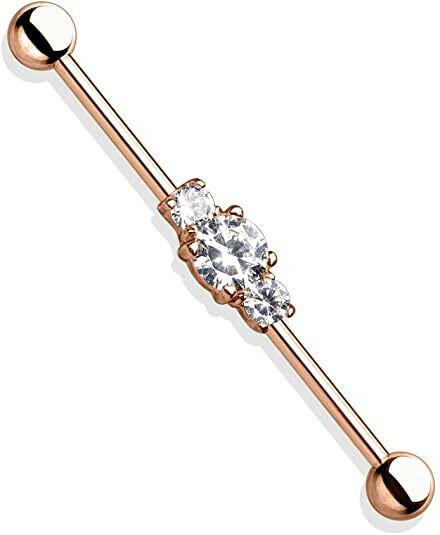 Surgical Steel Three Clear CZs Ion Plated Industrial Barbell Industrial Barbell Impulse Piercings Rose Gold