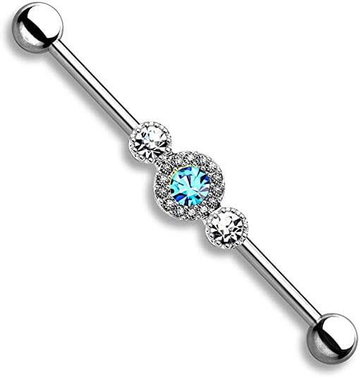 Surgical Steel Three CZ Centered Multi Paved Circle Industrial Barbell Industrial Barbell Impulse Piercings Aqua