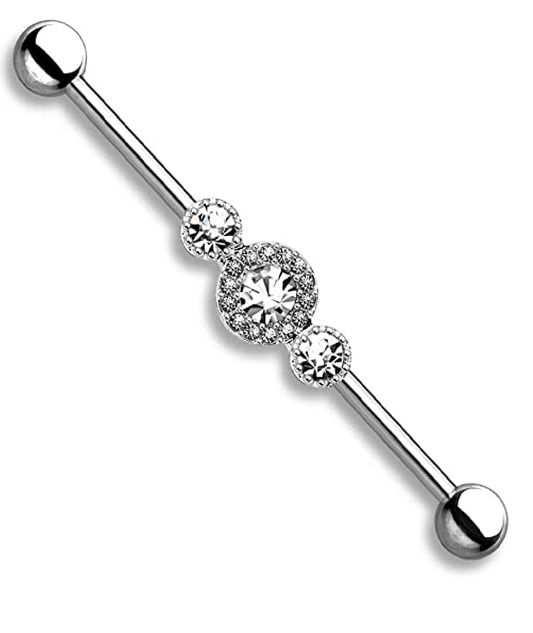 Surgical Steel Three CZ Centered Multi Paved Circle Industrial Barbell Industrial Barbell Impulse Piercings Clear