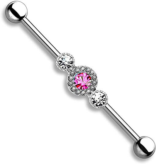 Surgical Steel Three CZ Centered Multi Paved Circle Industrial Barbell Industrial Barbell Impulse Piercings Pink