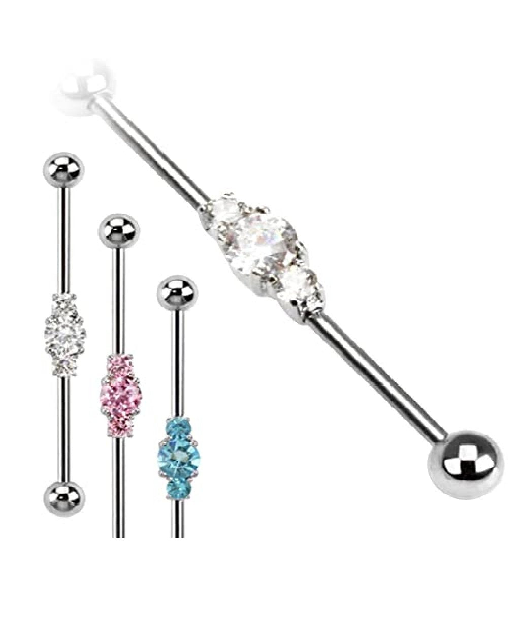 Surgical Steel Three Linked CZs Industrial Barbell Industrial Barbell Impulse Piercings 16GA Length: 1&1/2" (38mm) Clear