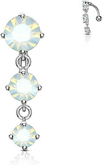 Surgical Steel Three Prong Round Opalite Crystals With Vertical Drop Belly Navel Ring Navel Ring Impulse Piercings White