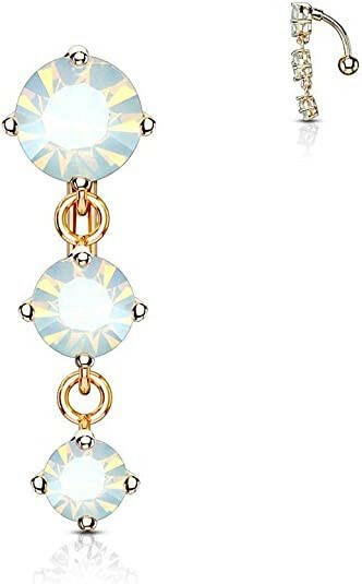 Surgical Steel Three Prong Round Opalite Crystals With Vertical Drop Belly Navel Ring Navel Ring Impulse Piercings Rose Gold