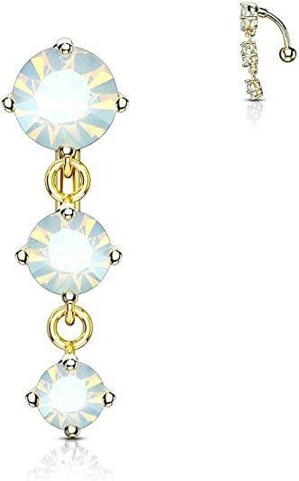 Surgical Steel Three Prong Round Opalite Crystals With Vertical Drop Belly Navel Ring Navel Ring Impulse Piercings Gold