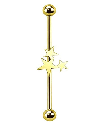 Surgical Steel Three Stars Industrial Barbell Industrial Barbell Impulse Piercings Gold