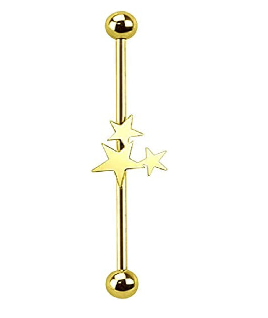 Surgical Steel Three Stars Industrial Barbell Industrial Barbell Impulse Piercings Gold