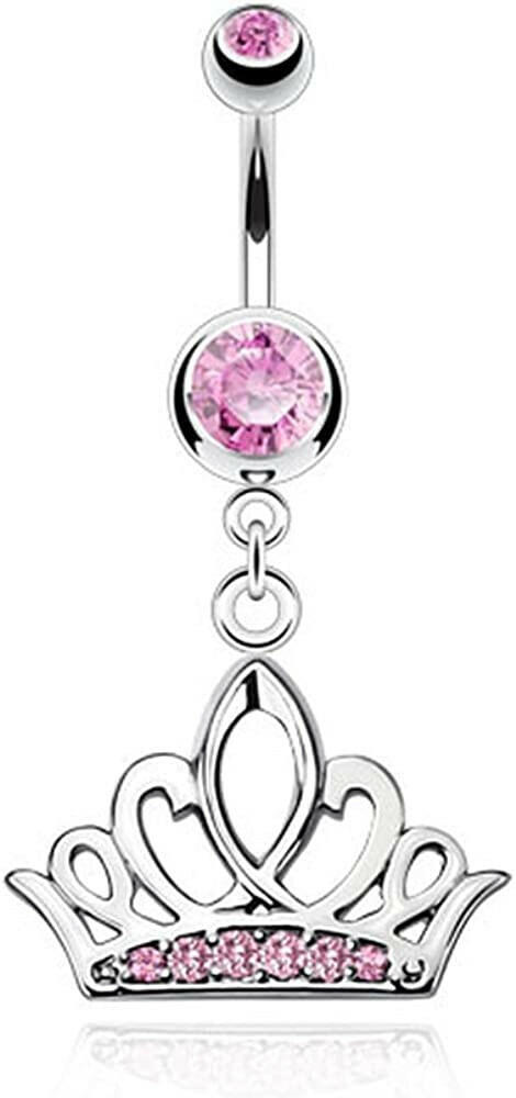 Surgical Steel Tiara Crown with Multi CZ Paved Belly Navel Ring Navel Ring Impulse Piercings Pink