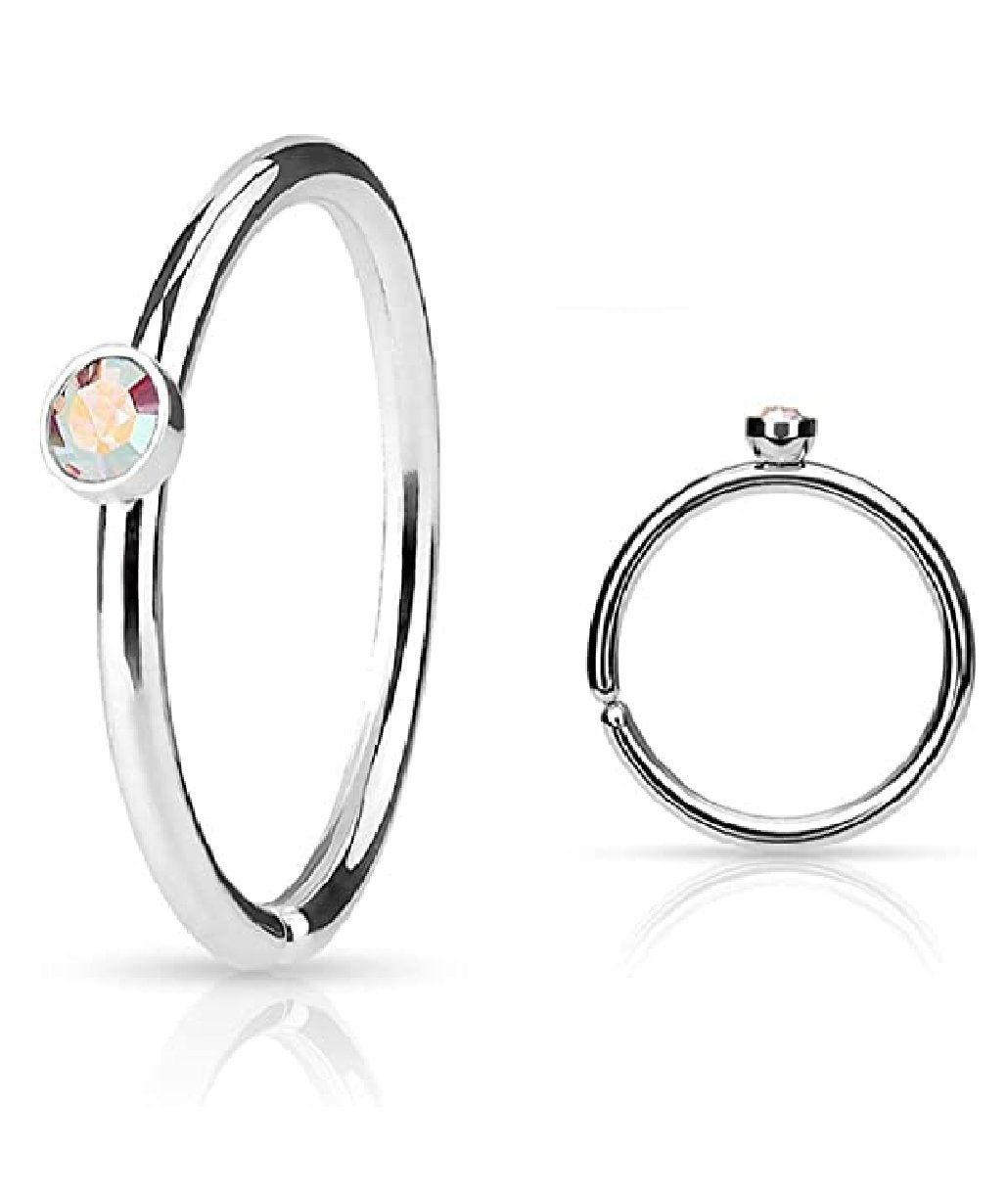 Surgical Steel Tiny Crystal Side Nose Hoop Cut Rings Nose Ring Impulse Piercings Aurora Borealis