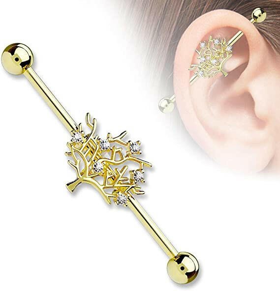 Surgical Steel Tree of Life Industrial Barbell Industrial Barbell Impulse Piercings Gold