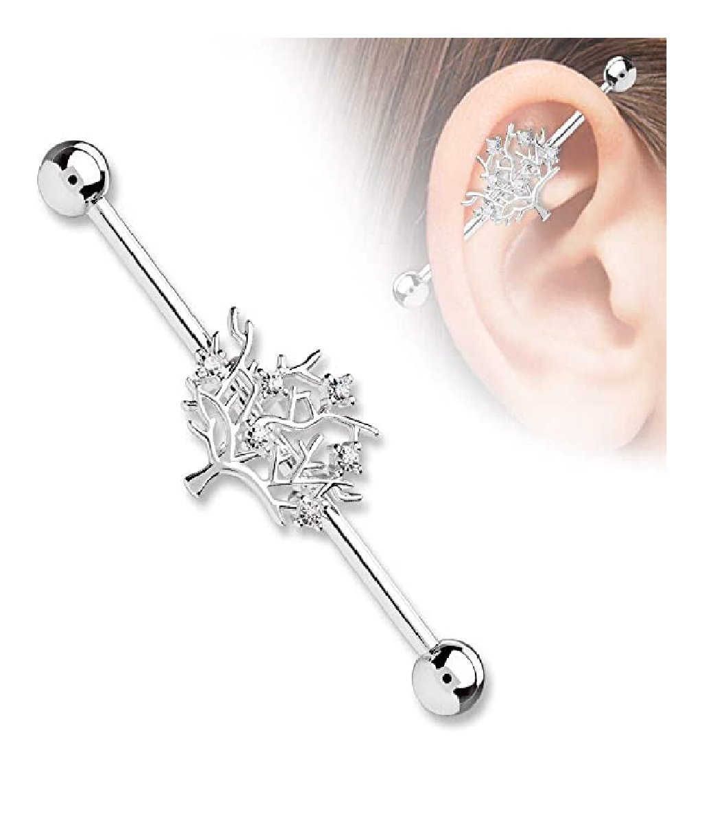 Surgical Steel Tree of Life Industrial Barbell Industrial Barbell Impulse Piercings Clear