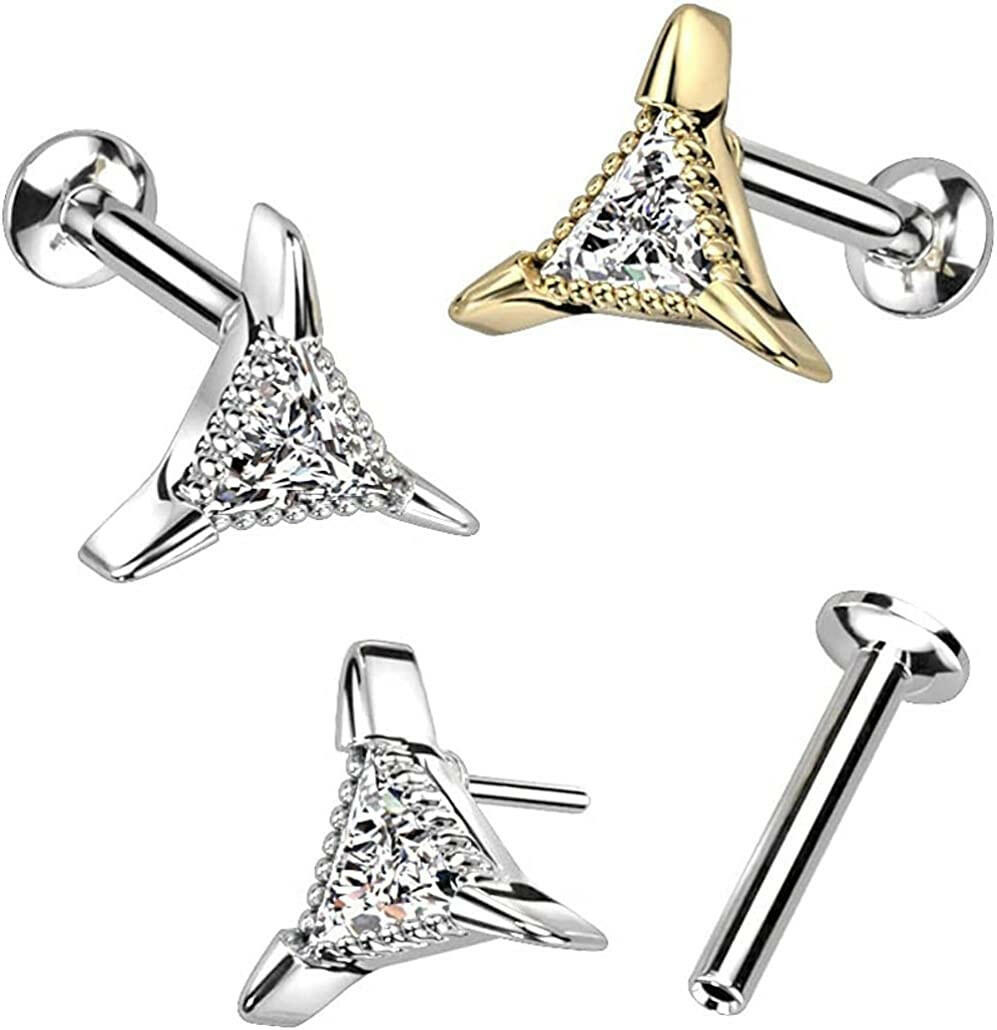 Surgical Steel Triangle CZ Threadless Push In Top Labret Convex Back Stud Labret Impulse Piercings