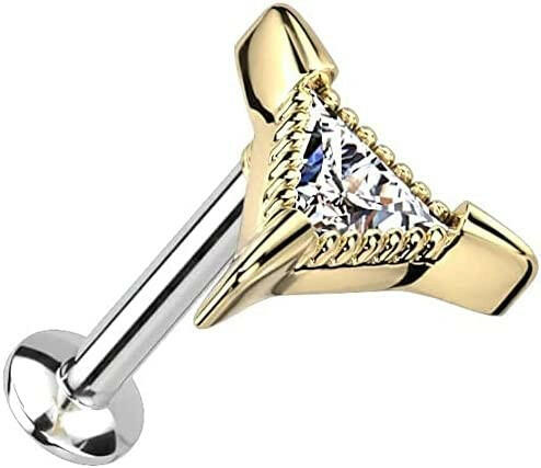 Surgical Steel Triangle CZ Threadless Push In Top Labret Convex Back Stud Labret Impulse Piercings 20GA Length: 8mm Gold