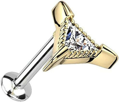 Surgical Steel Triangle CZ Threadless Push In Top Labret Convex Back Stud Labret Impulse Piercings 20GA Length: 8mm Gold