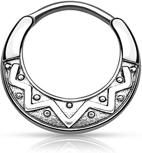 Surgical Steel Tribal Fan Design Round Septum Clicker Septum Ring Impulse Piercings Silver / 16GA (1.2mm)