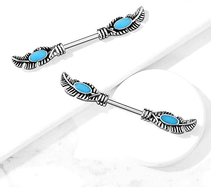 Surgical Steel Tribal Feather With Turquoise Enamel Nipple Barbell Rings Nipple Ring Impulse Piercings