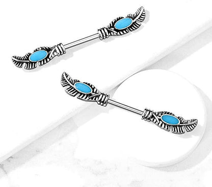 Surgical Steel Tribal Feather With Turquoise Enamel Nipple Barbell Rings Nipple Ring Impulse Piercings