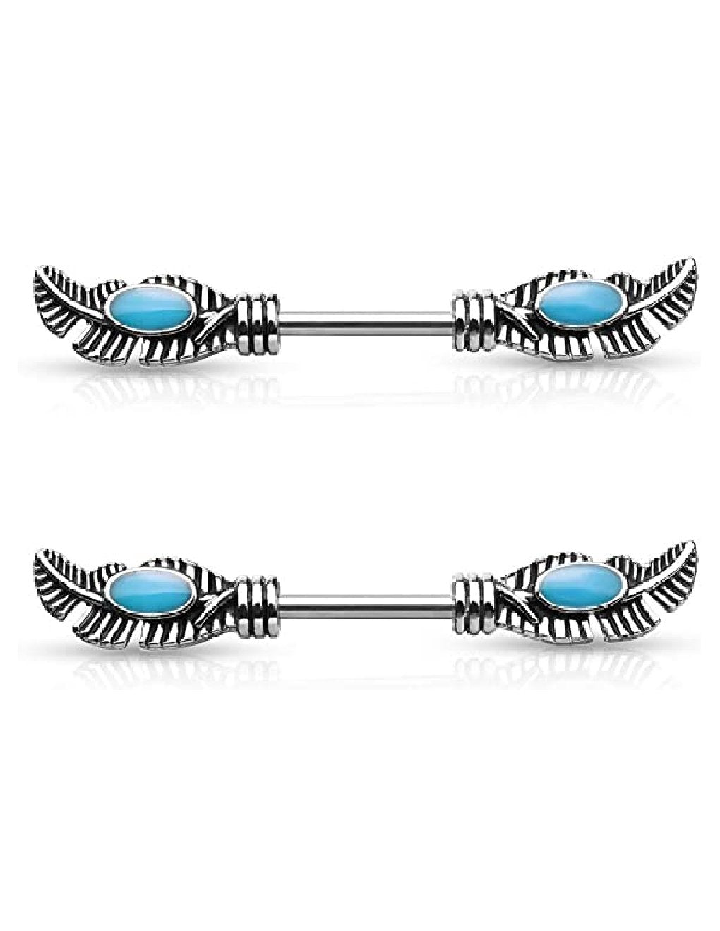 Surgical Steel Tribal Feather With Turquoise Enamel Nipple Barbell Rings Nipple Ring Impulse Piercings