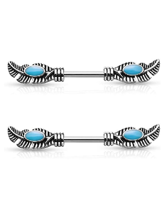 Surgical Steel Tribal Feather With Turquoise Enamel Nipple Barbell Rings Nipple Ring Impulse Piercings