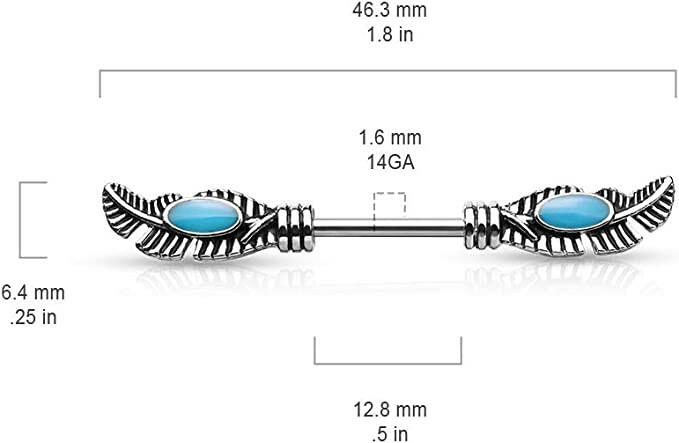 Surgical Steel Tribal Feather With Turquoise Enamel Nipple Barbell Rings Nipple Ring Impulse Piercings