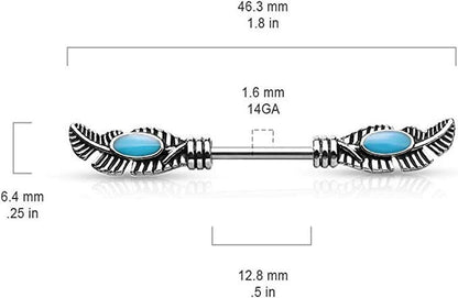 Surgical Steel Tribal Feather With Turquoise Enamel Nipple Barbell Rings Nipple Ring Impulse Piercings