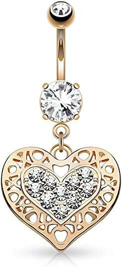 Surgical Steel Tribal Heart Filigree Edged Crystal Paved Heart Dangle Belly Navel Ring Navel Ring Impulse Piercings Rose Gold