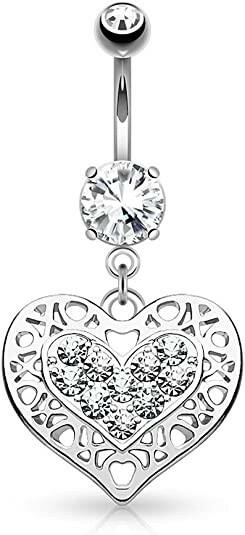 Surgical Steel Tribal Heart Filigree Edged Crystal Paved Heart Dangle Belly Navel Ring Navel Ring Impulse Piercings Clear