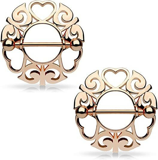 Surgical Steel Tribal Hearts Hollow Nipple Shield Rings Nipple Ring Impulse Piercings Rose Gold