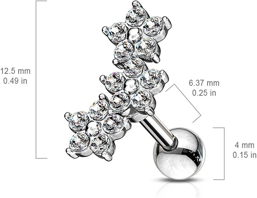 Surgical Steel Triple 5 Crystals Flower Cluster Barbell Studs for Cartilage Tragus Cartilage Earring Impulse Piercings