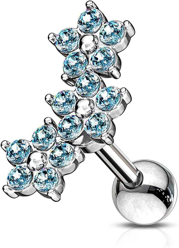 Surgical Steel Triple 5 Crystals Flower Cluster Barbell Studs for Cartilage Tragus Cartilage Earring Impulse Piercings Blue