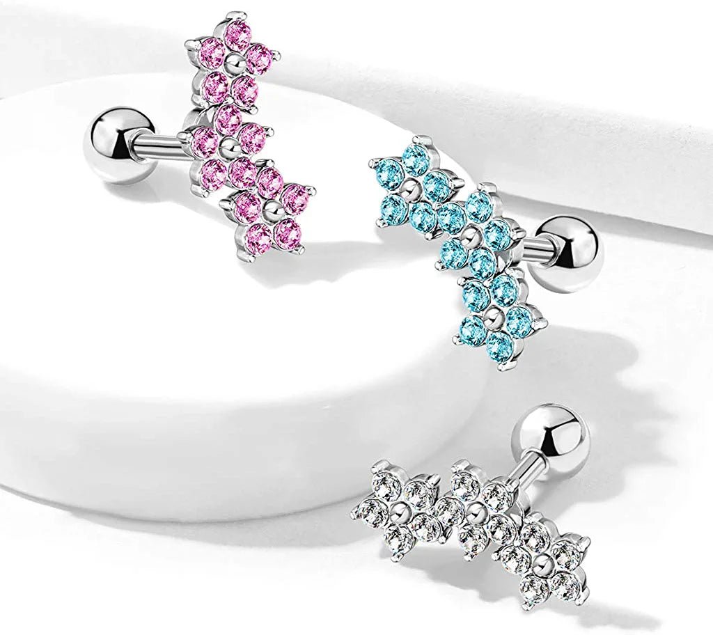 Surgical Steel Triple 5 Crystals Flower Cluster Barbell Studs for Cartilage Tragus Cartilage Earring Impulse Piercings