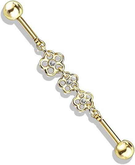 Surgical Steel Triple Crystal Center Flower Chain Industrial Barbell Industrial Barbell Impulse Piercings Gold