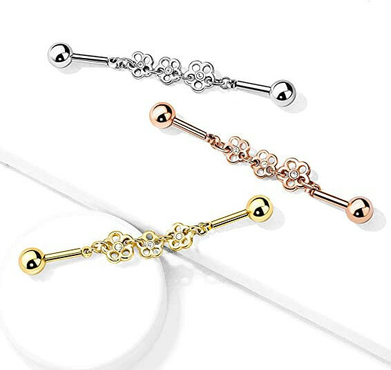 Surgical Steel Triple Crystal Center Flower Chain Industrial Barbell Industrial Barbell Impulse Piercings