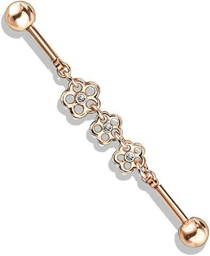 Surgical Steel Triple Crystal Center Flower Chain Industrial Barbell Industrial Barbell Impulse Piercings Rose Gold