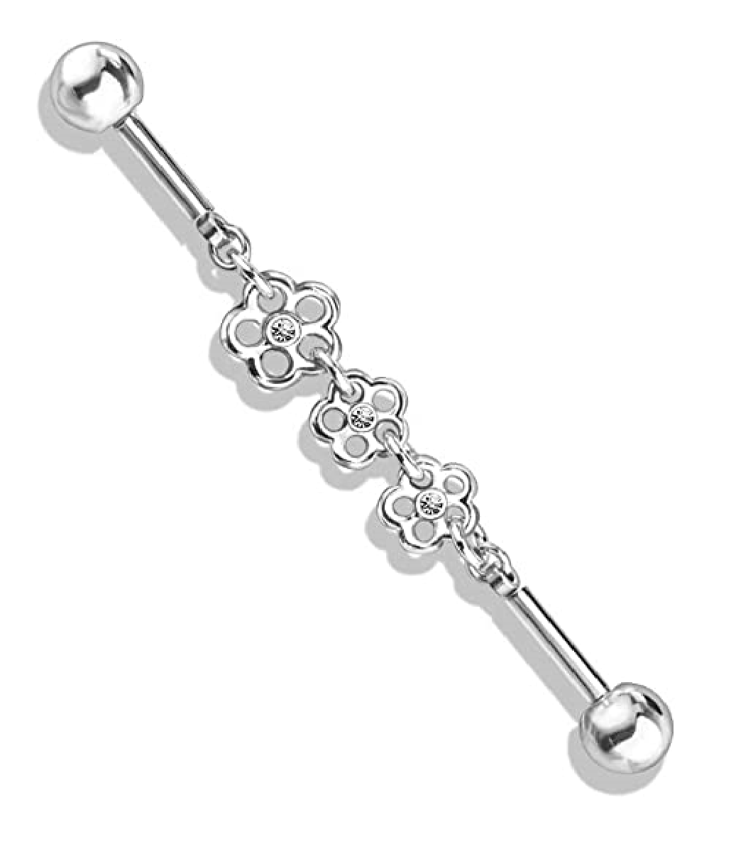 Surgical Steel Triple Crystal Center Flower Chain Industrial Barbell Industrial Barbell Impulse Piercings Clear