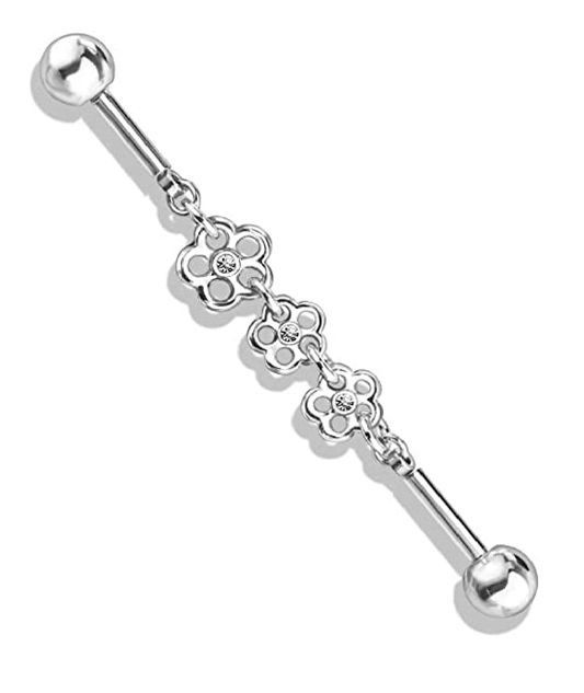 Surgical Steel Triple Crystal Center Flower Chain Industrial Barbell Industrial Barbell Impulse Piercings Clear