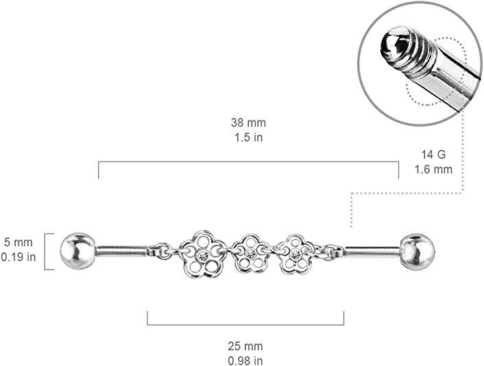 Surgical Steel Triple Crystal Center Flower Chain Industrial Barbell Industrial Barbell Impulse Piercings