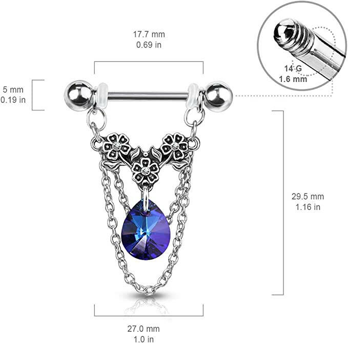 Surgical Steel Triple Crystal Center Flower with Pear Crystal and Chains Dangle Nipple Barbell Rings Nipple Ring Impulse Piercings