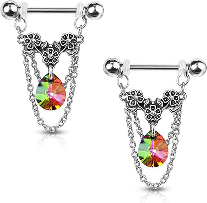 Surgical Steel Triple Crystal Center Flower with Pear Crystal and Chains Dangle Nipple Barbell Rings Nipple Ring Impulse Piercings Vitrail Medium