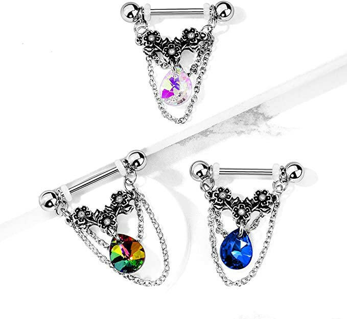 Surgical Steel Triple Crystal Center Flower with Pear Crystal and Chains Dangle Nipple Barbell Rings Nipple Ring Impulse Piercings