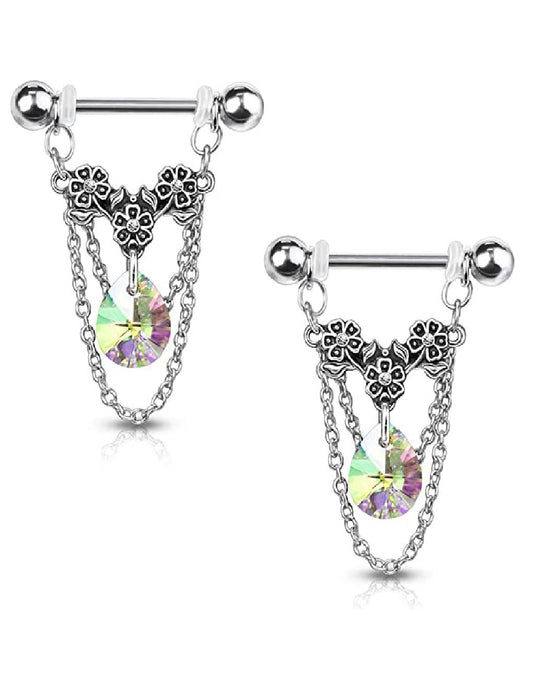 Surgical Steel Triple Crystal Center Flower with Pear Crystal and Chains Dangle Nipple Barbell Rings Nipple Ring Impulse Piercings Aurora Borealis