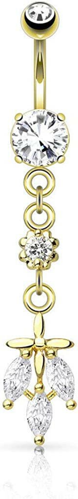 Surgical Steel Triple CZ Falling Leaf Dangle Belly Navel Ring Navel Ring Impulse Piercings Gold