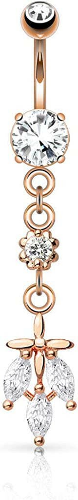 Surgical Steel Triple CZ Falling Leaf Dangle Belly Navel Ring Navel Ring Impulse Piercings Rose Gold