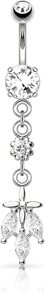 Surgical Steel Triple CZ Falling Leaf Dangle Belly Navel Ring Navel Ring Impulse Piercings Clear