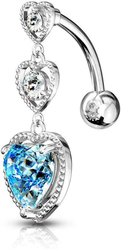 Surgical Steel Triple Heart Vertical Drop With Large Heart CZ Bottom and Heart Top Drop Belly Navel Ring Navel Ring Impulse Piercings Aqua