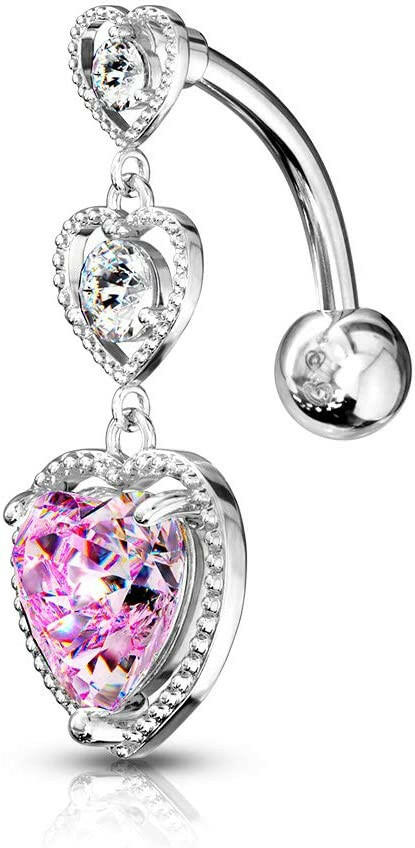 Surgical Steel Triple Heart Vertical Drop With Large Heart CZ Bottom and Heart Top Drop Belly Navel Ring Navel Ring Impulse Piercings Pink