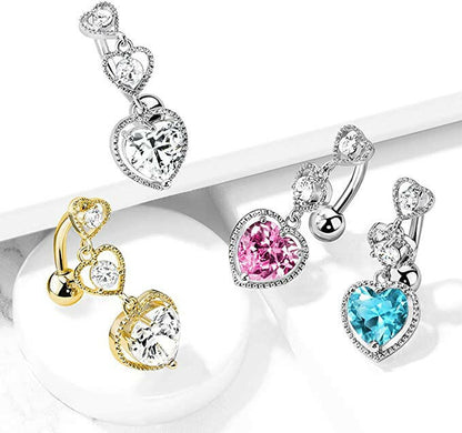 Surgical Steel Triple Heart Vertical Drop With Large Heart CZ Bottom and Heart Top Drop Belly Navel Ring Navel Ring Impulse Piercings