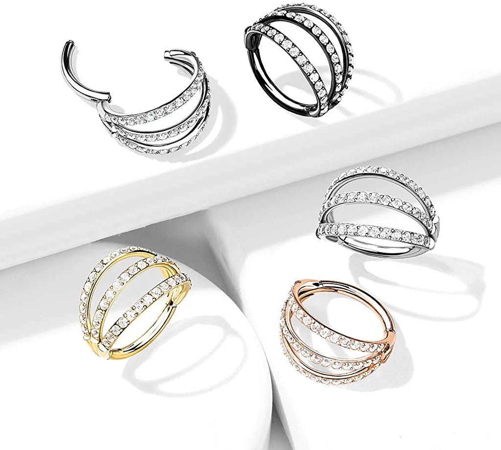 Surgical Steel Triple Layer Paved CZ Hinged Segment Hoop Ring Nose Ring, cartilage ring Impulse Piercings