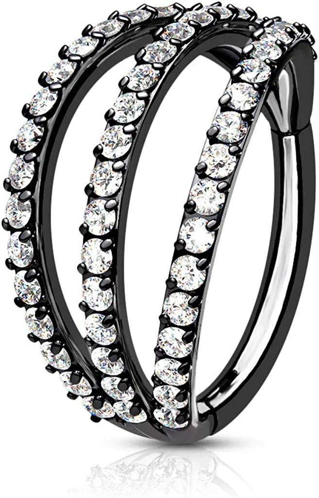 Surgical Steel Triple Layer Paved CZ Hinged Segment Hoop Ring Nose Ring, cartilage ring Impulse Piercings 16GA Length: 8mm Black