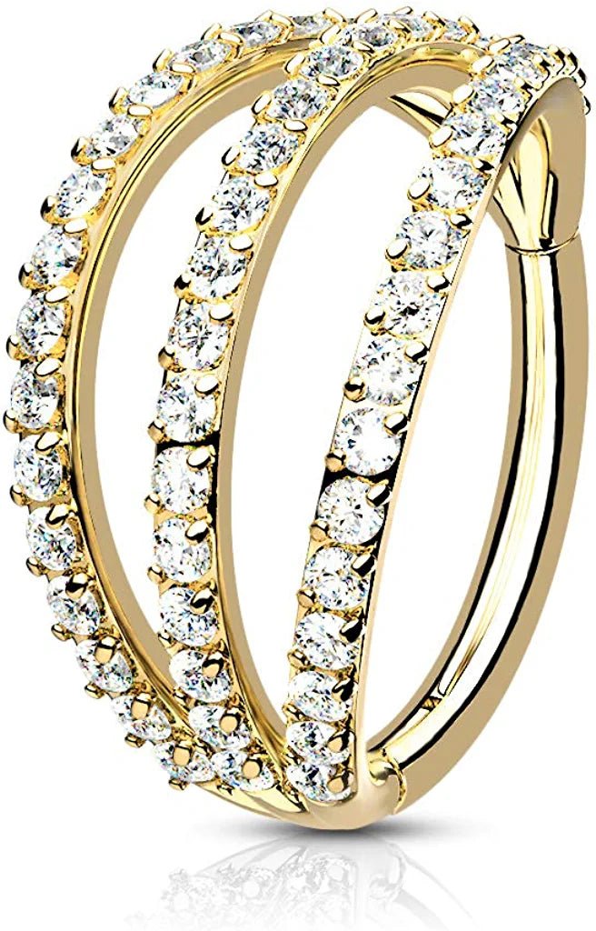 Surgical Steel Triple Layer Paved CZ Hinged Segment Hoop Ring Nose Ring, cartilage ring Impulse Piercings 16GA Length: 8mm Gold